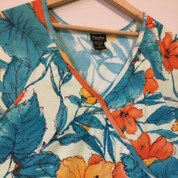 Cactus Faux Wrap Hawaiian Orange Hibiscus Tropical Sequin & Cotton Top - Picture 3 of 15